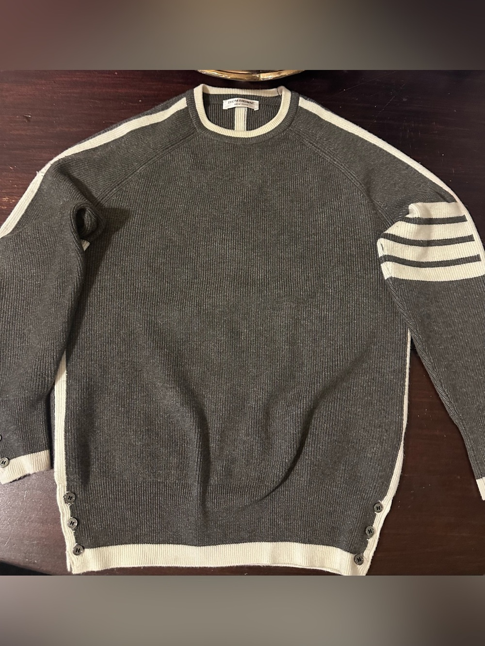 Thom Browne Charcoal Crewneck Sweater with Cream Trim